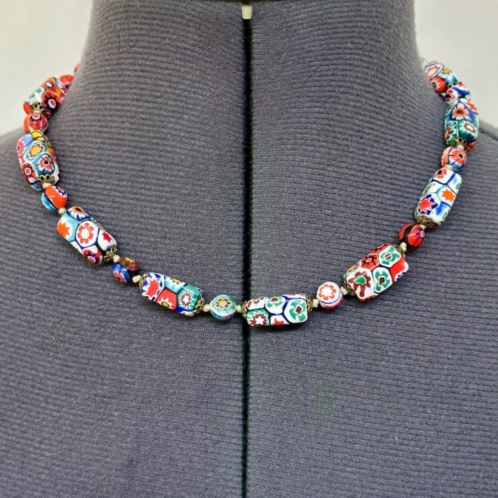 VINTAGE 1970s MURANO VENETIAN ITALY MILLEFIORI GLASS SQUARE BEAD NECKLACE 18"